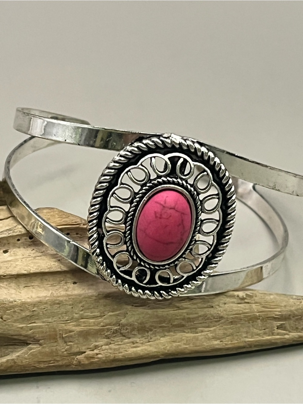 Silver-Tone Pink Stone Cuff Bracelet
